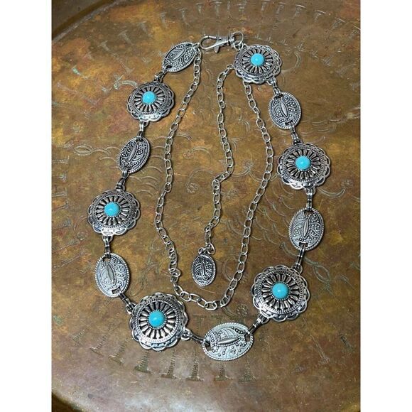 Concho Southwest Silver Unisex Chain belt adjustable to 52” Turquoise BIG stone main image 8